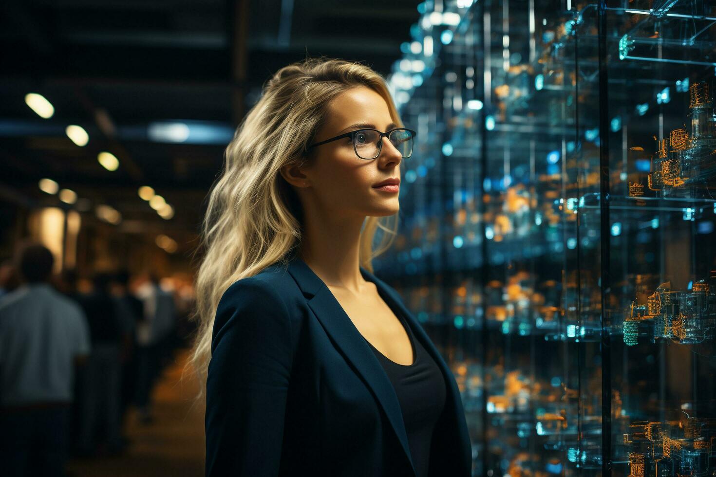 Harnessing the Power of 3D Graphics  In a Warehouse, the Female Chief Technology Officer of a Big Data Center Stands, Activating Servers to Initiate the Digitalization of Information.  Ai generative photo