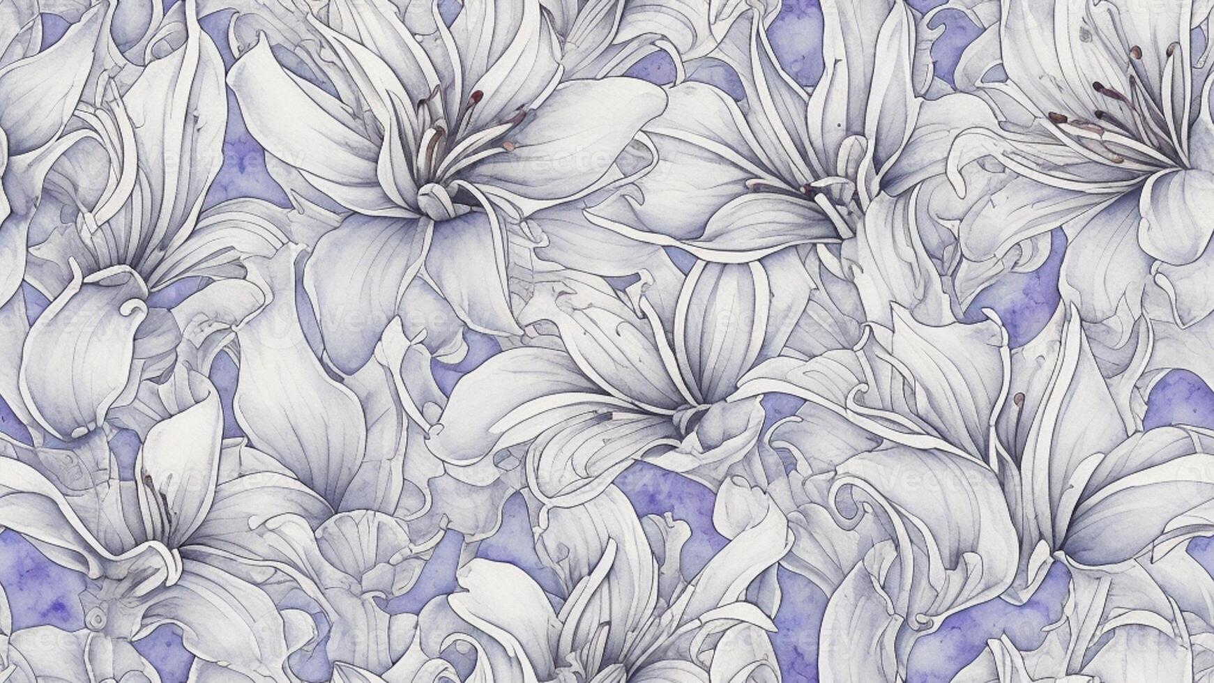 watercolor ink, beautiful white color Lily flower, tile seamless repeating pattern photo