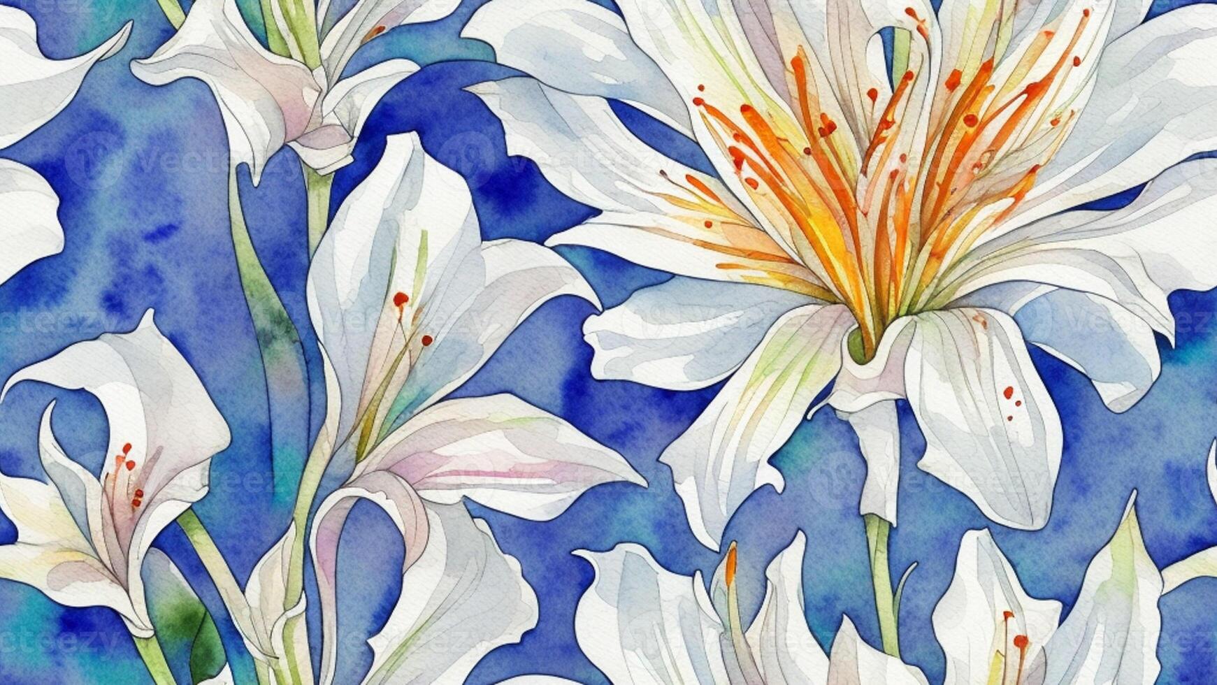 watercolor ink, beautiful white color Lily flower, tile seamless repeating pattern photo