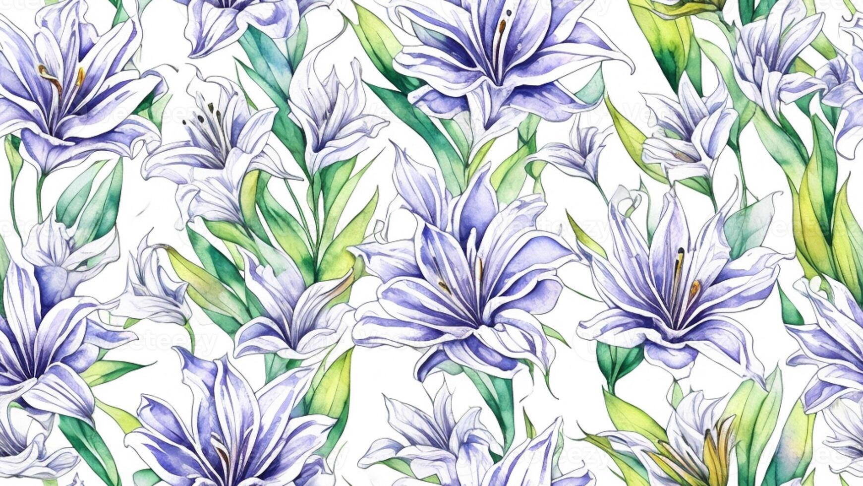 watercolor ink, beautiful white color Lily flower, tile seamless repeating pattern photo