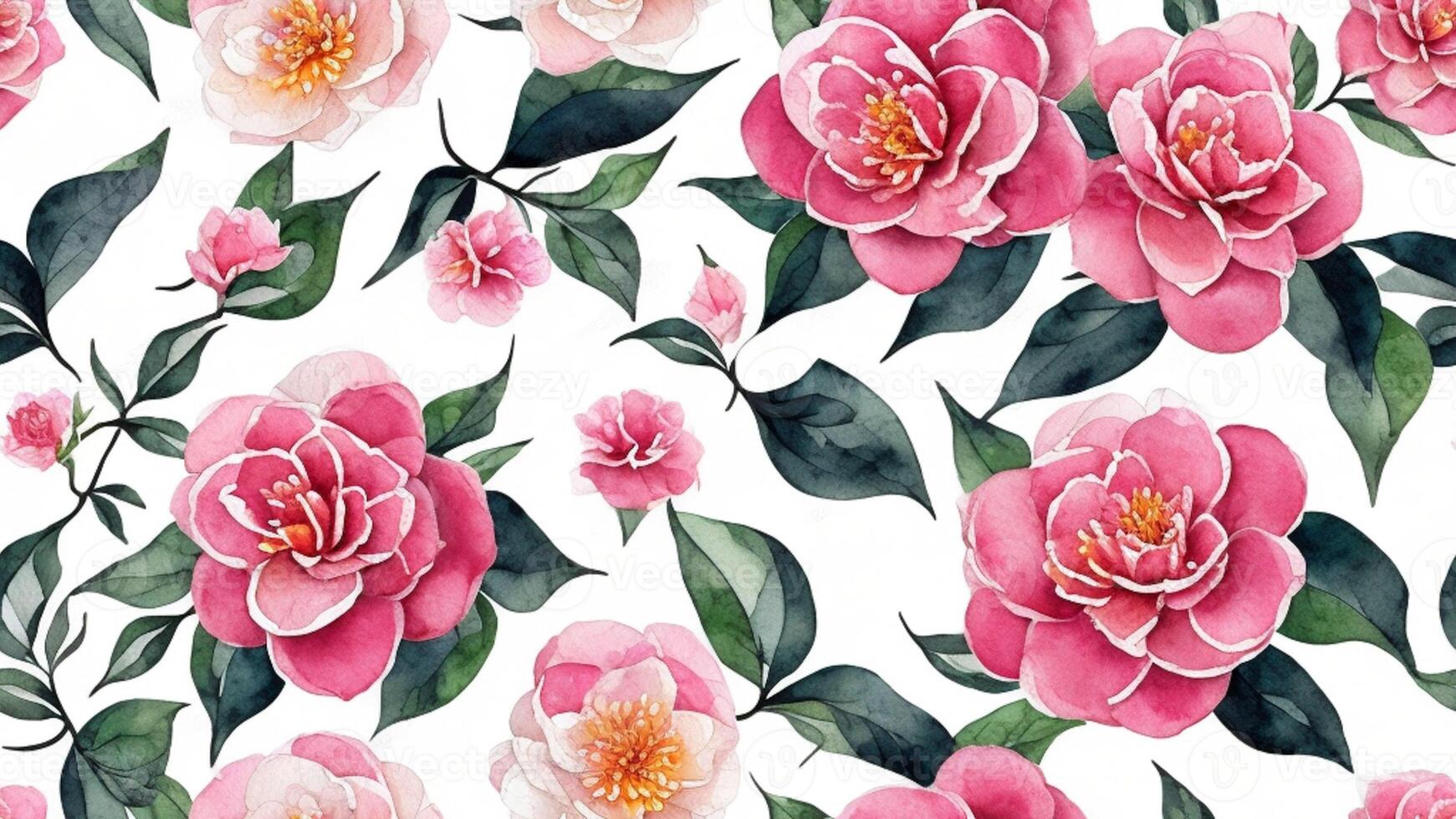 watercolor beautiful red camellia flower, tile seamless repeating pattern photo