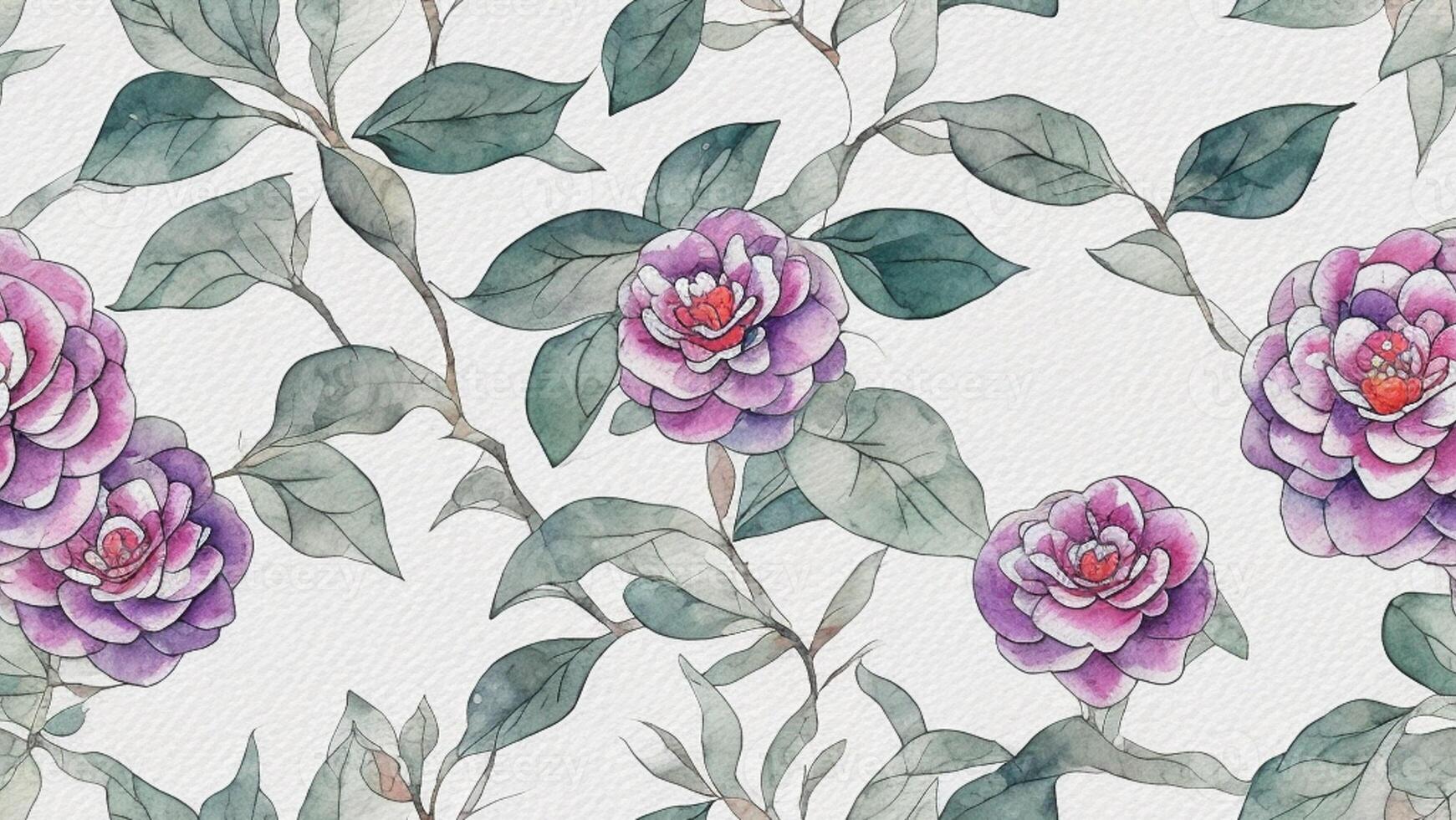 watercolor beautiful purple camellia flower, tile seamless repeating pattern photo