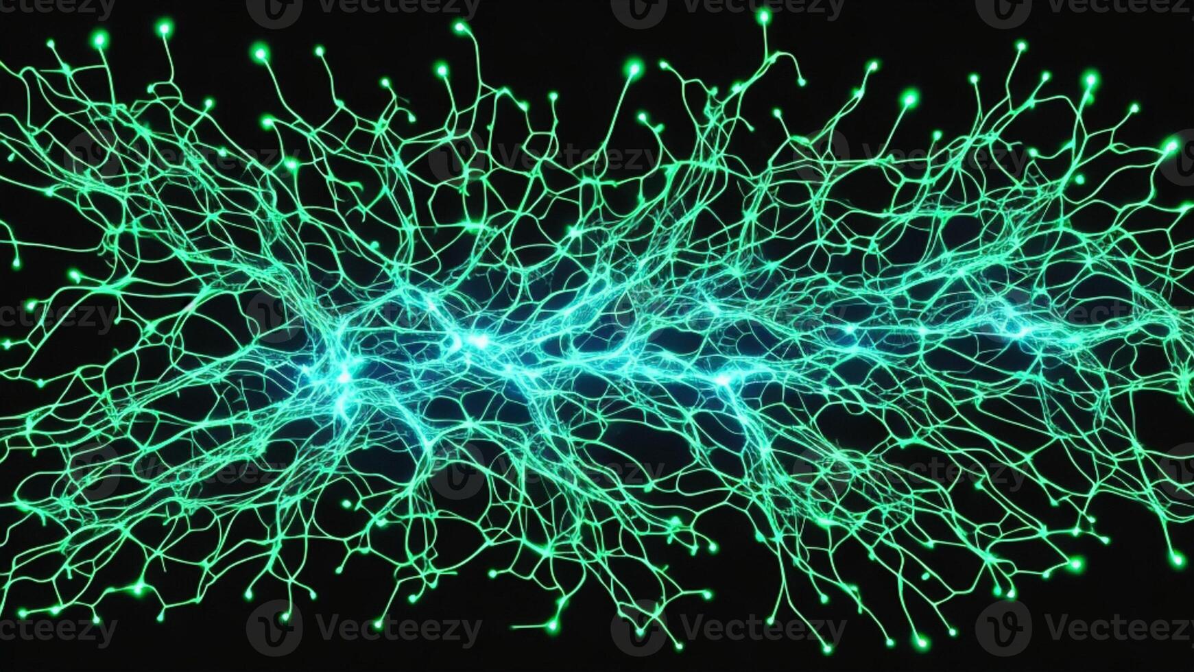 Futuristic green luminous nerve cells black background photo
