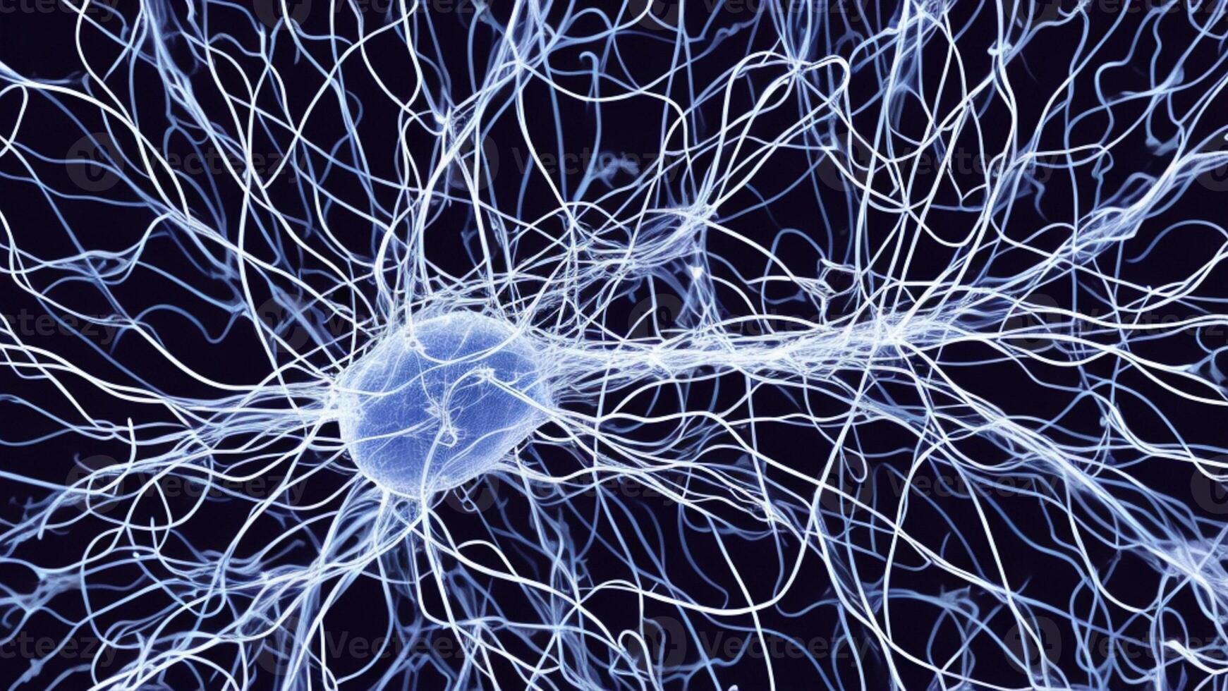 Futuristic blue luminous nerve cells black background photo