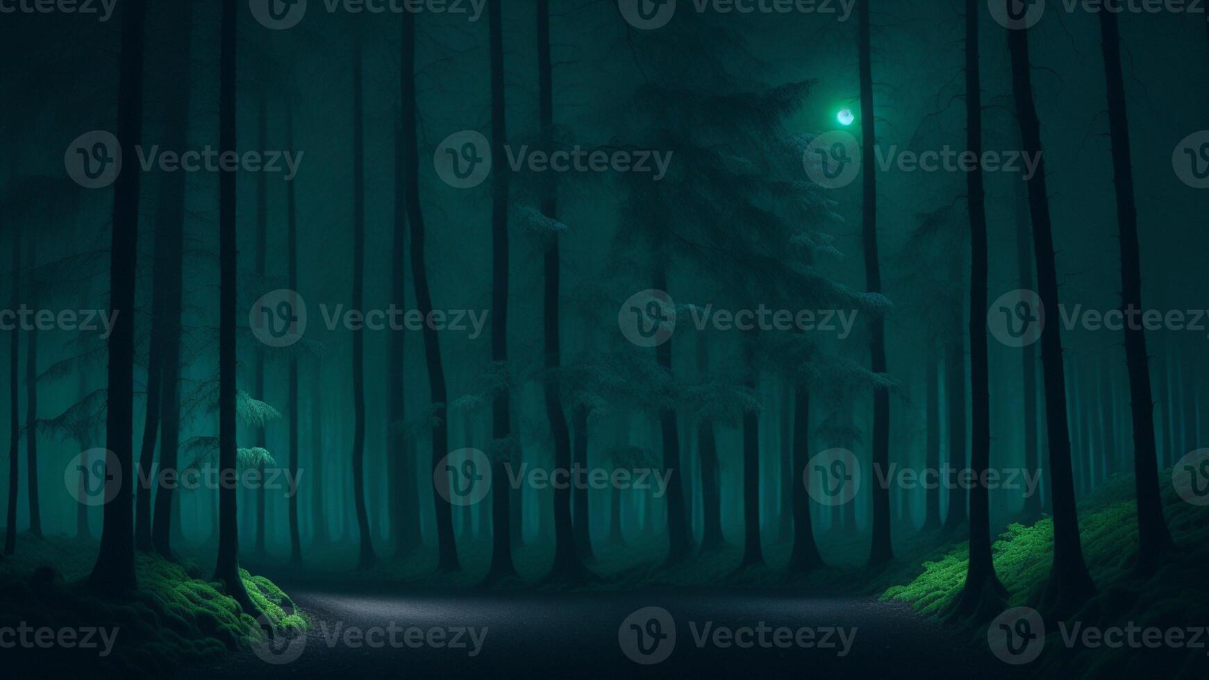 Deep green forest at night, moon above, blurred background photo