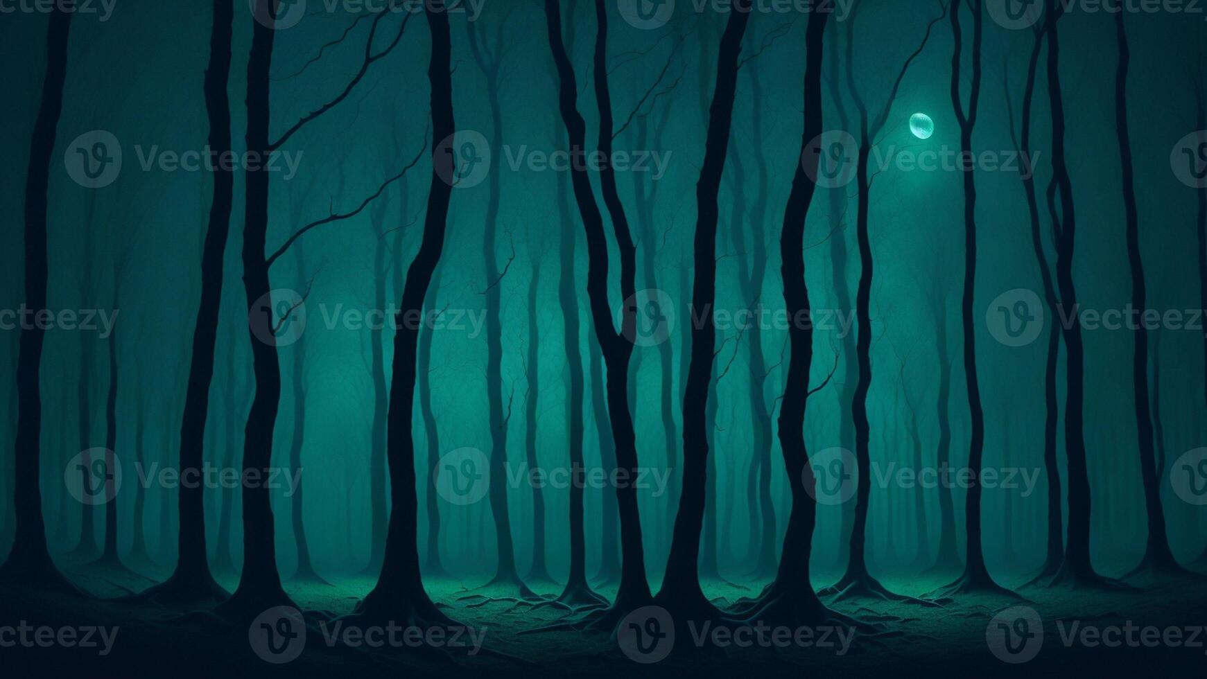 Deep green forest at night, moon above, blurred background photo