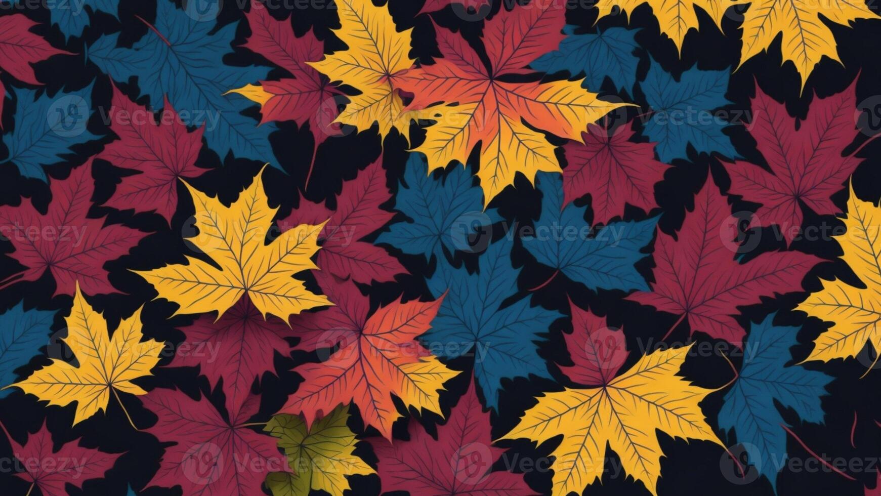 Classical red, blue and yellow maple leaves with dark background photo