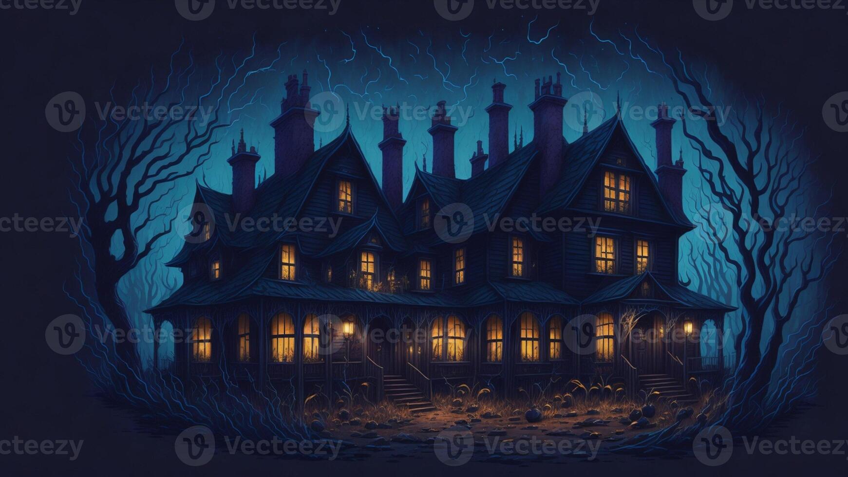 Cartoon style Halloween mysterious spooky horror mansion photo