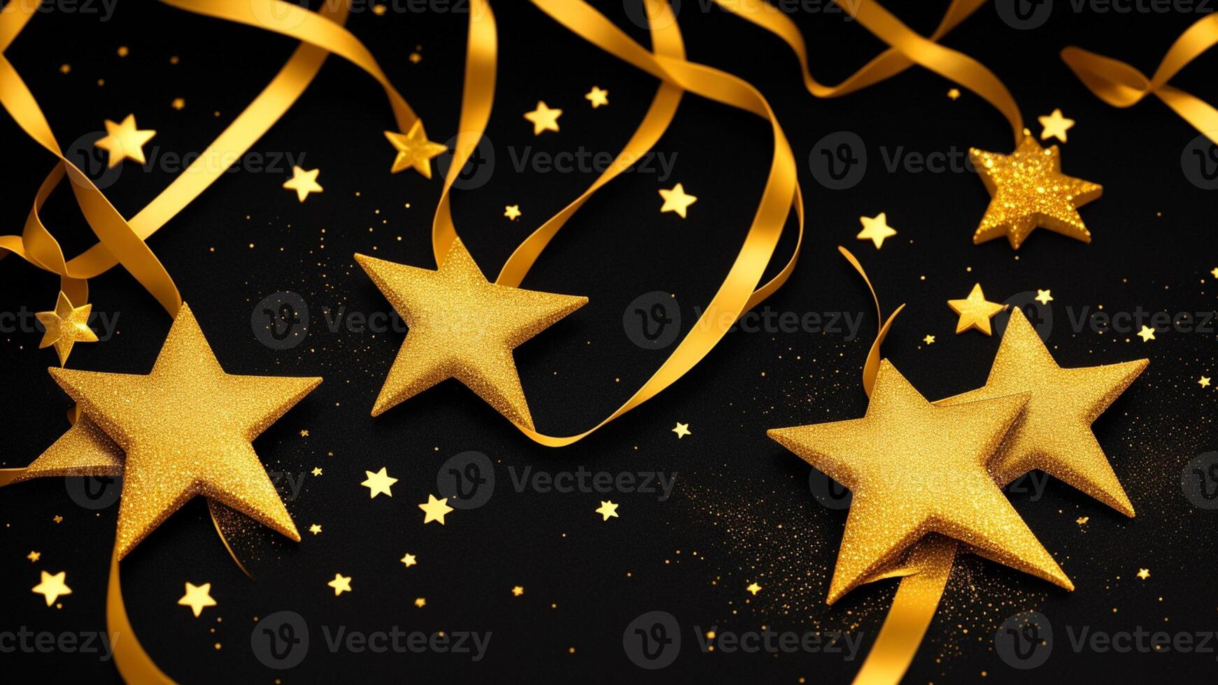 Glittering gold powder stars with ribbons, dark background photo