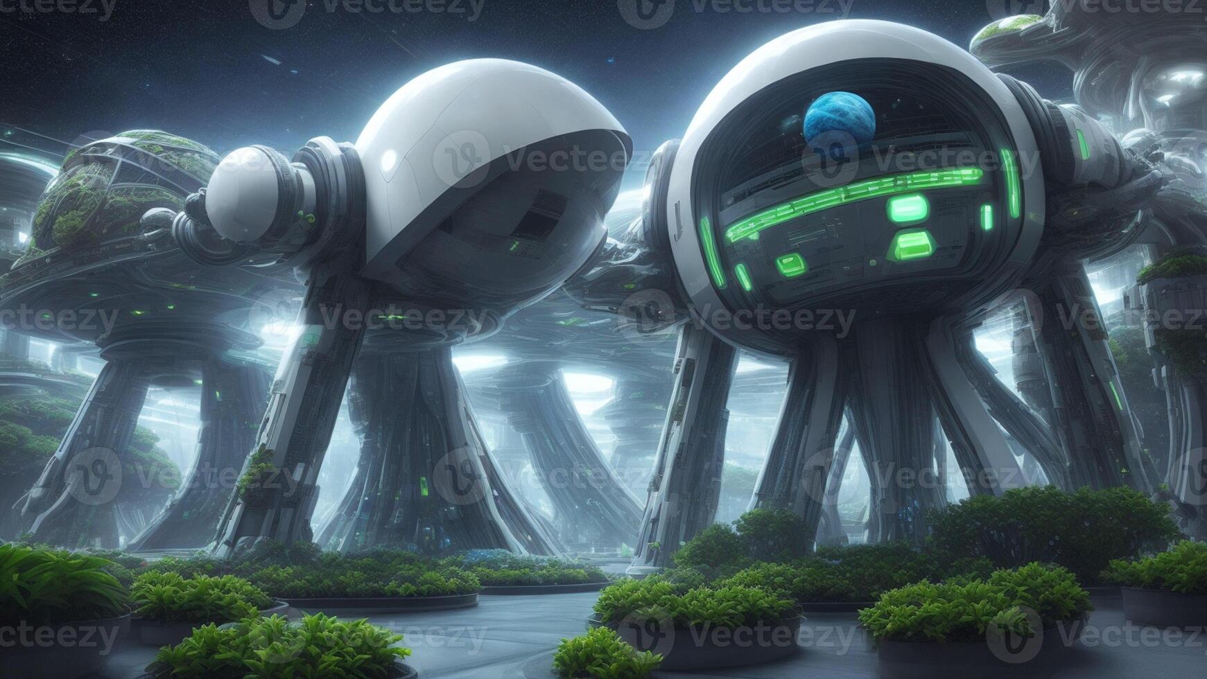Future sense of alien high-tech city, plant landscaping, data transmission concept photo