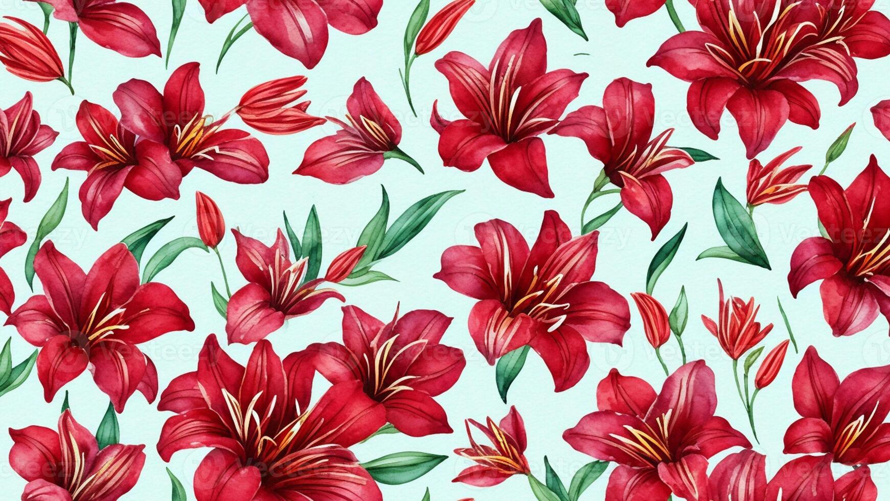 watercolor ink, Beauty red Lily flower, tile seamless repeating pattern photo