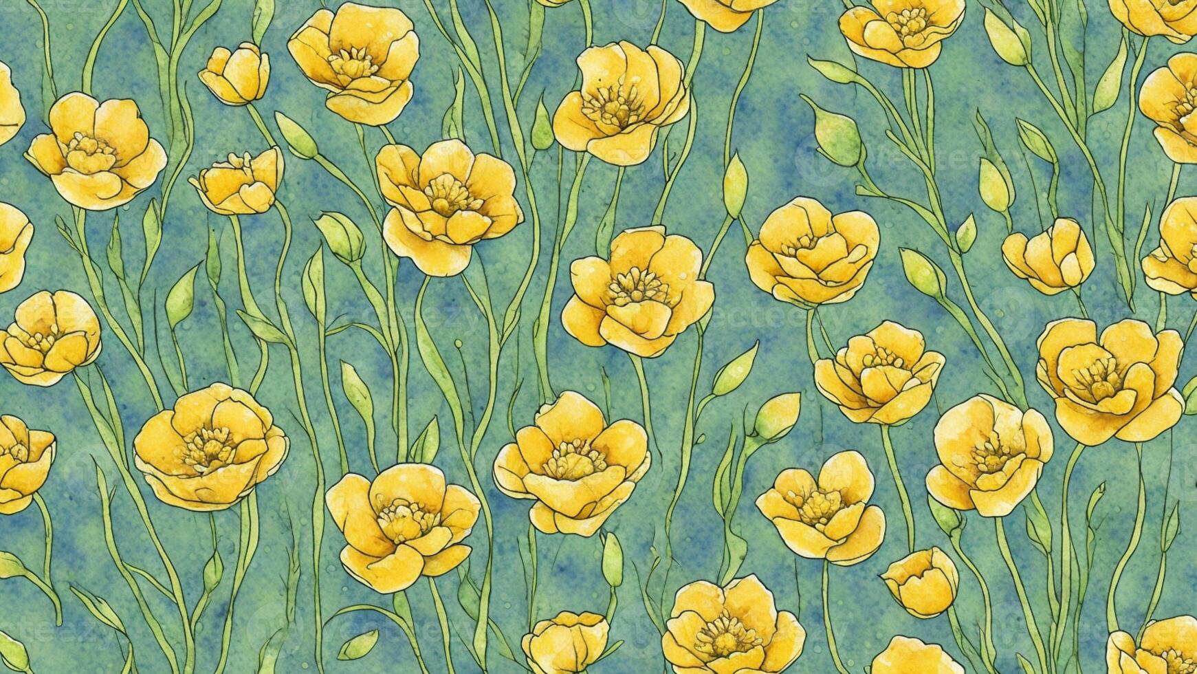watercolor Beautiful Buttercup flower, tile seamless repeating pattern photo