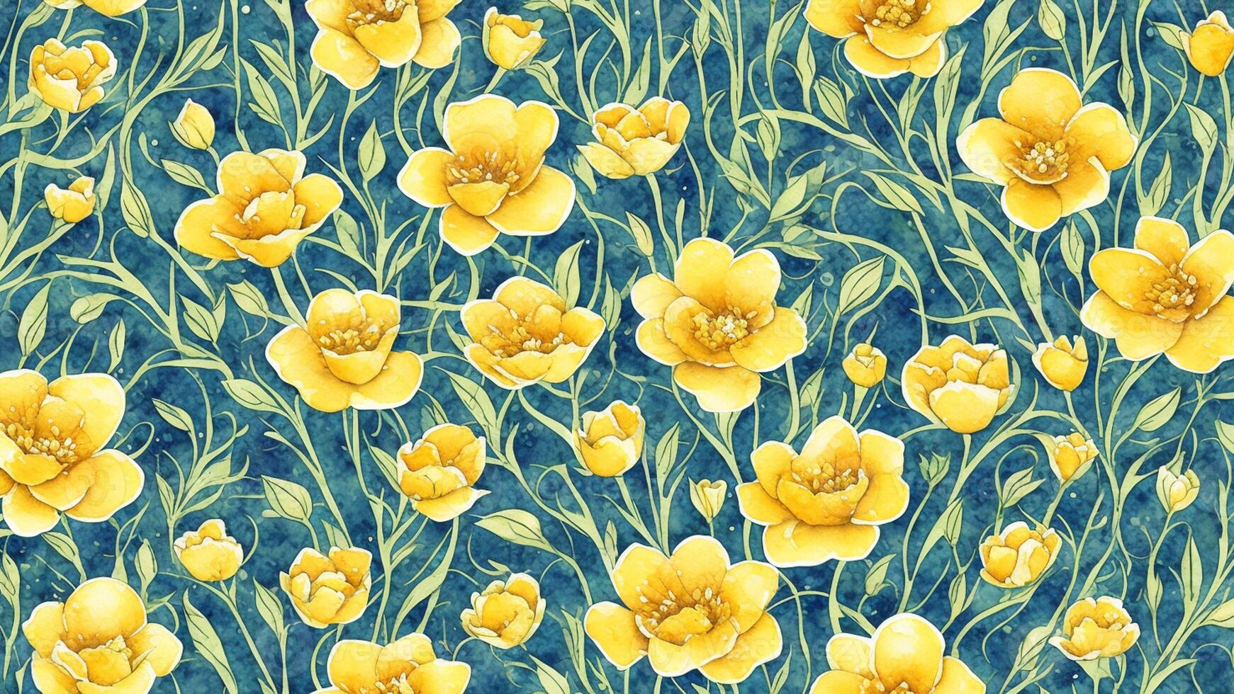 watercolor Beautiful Buttercup flower, tile seamless repeating pattern photo