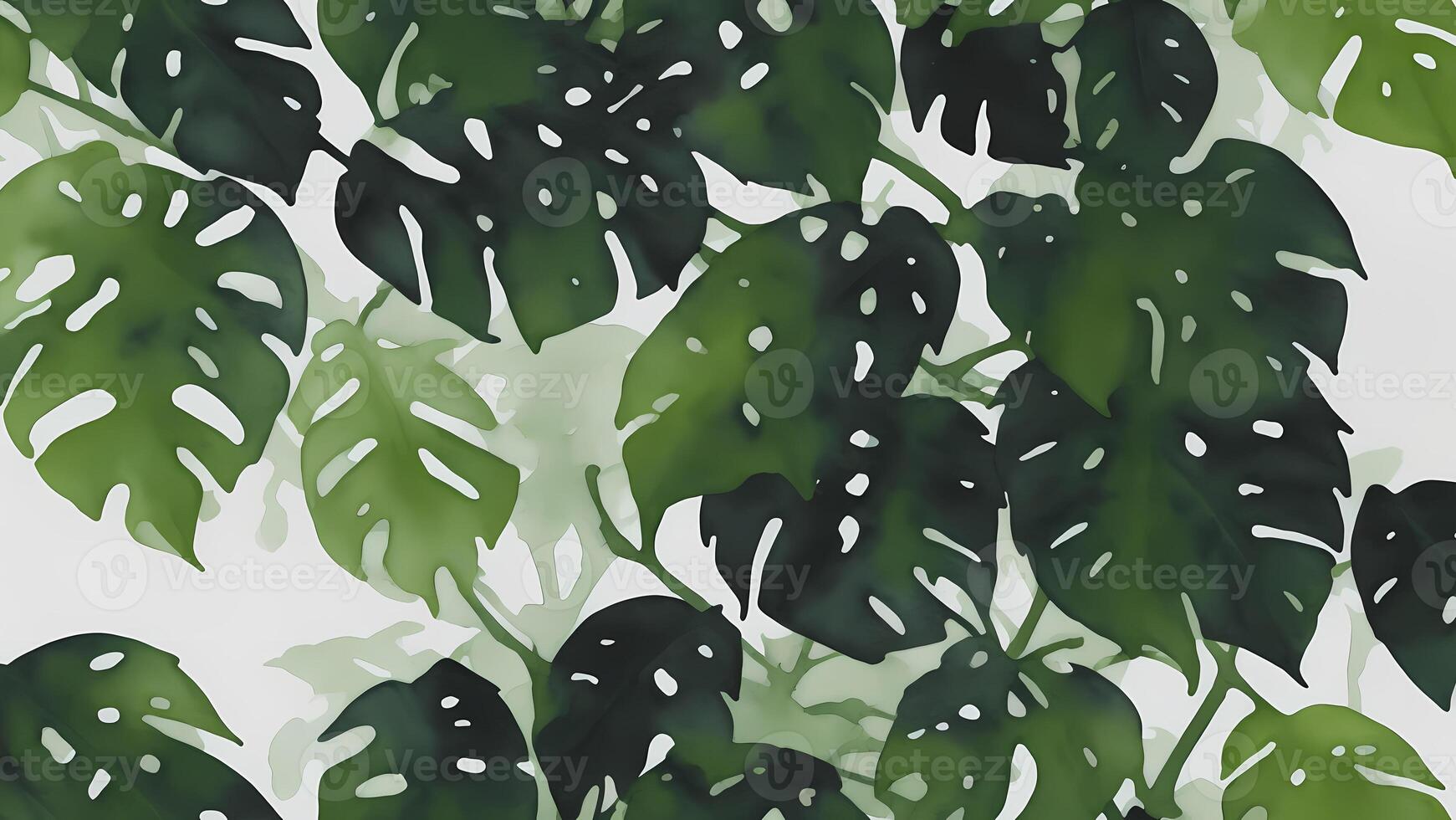 watercolor rainforest leaves black background, tile seamless repeating pattern photo