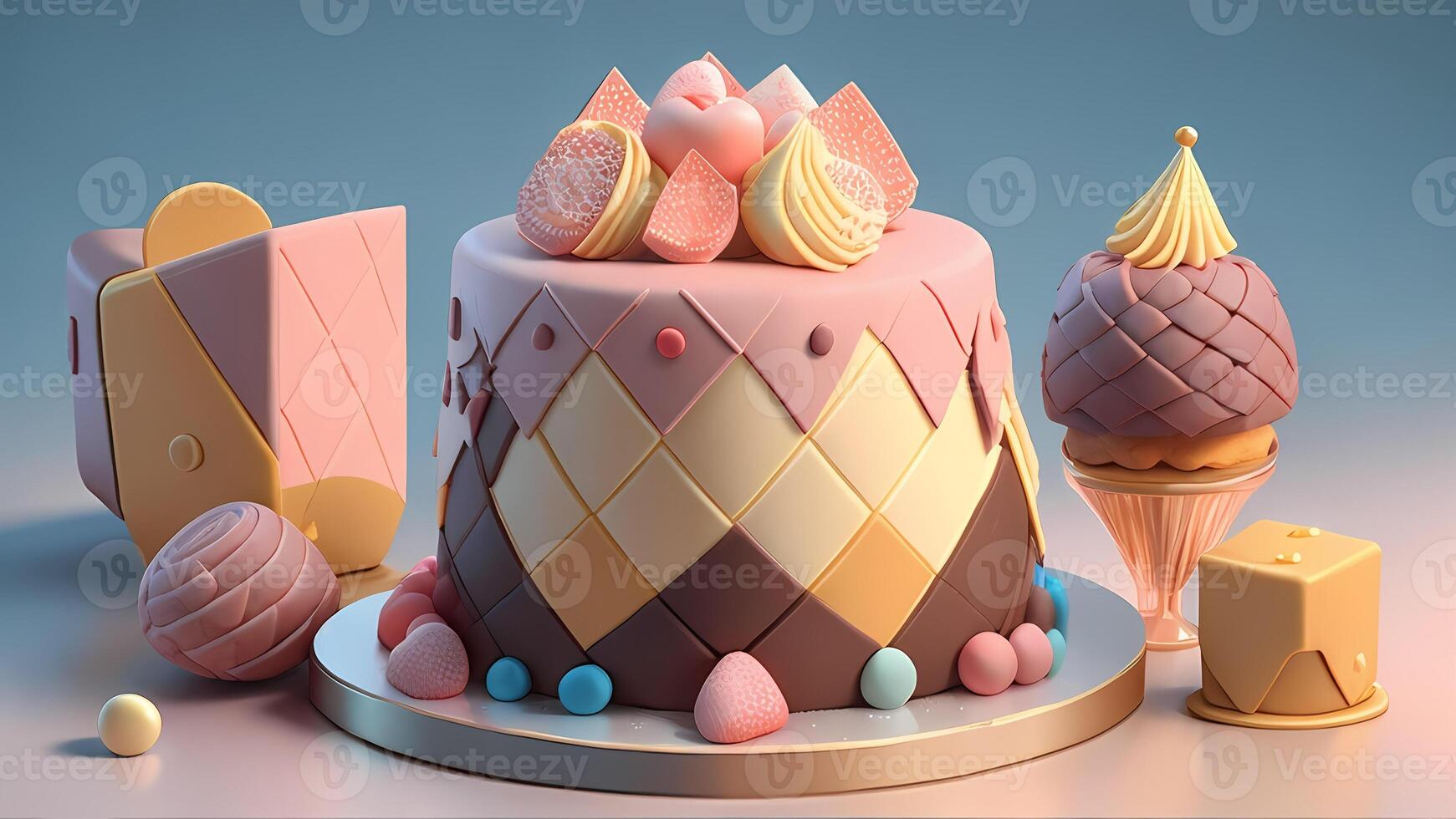3D pink strawberry delicious cake toy style fairy tale sweet celebration photo