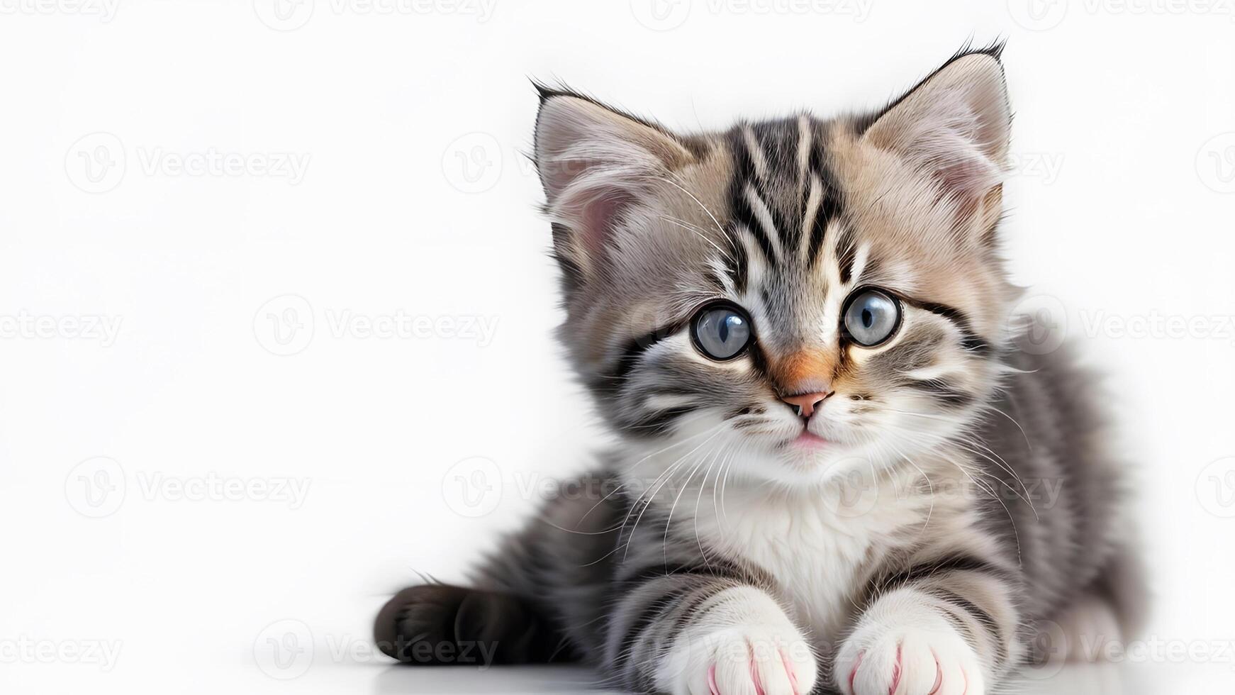 Cute tabby cat Kitten facing the camera white background closeup photo