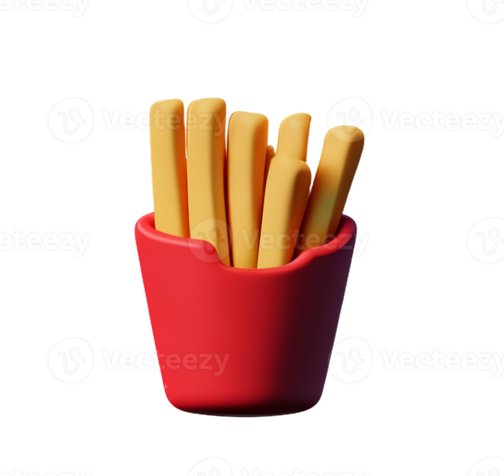 french fries potatoes red carton fast food fried long strips high calorie 3D icon ai generated png