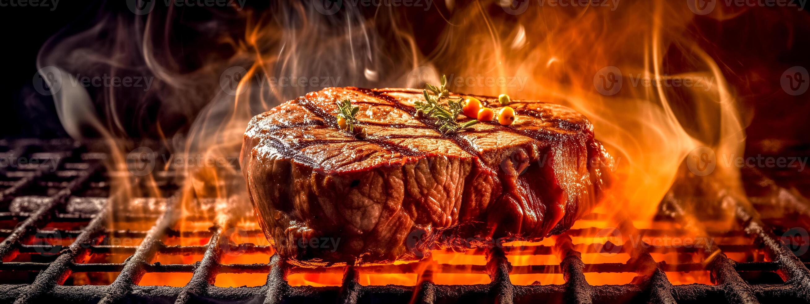 juicy beef steak on the fire of a hot grill, barbecue party, banner made with Generative AI photo