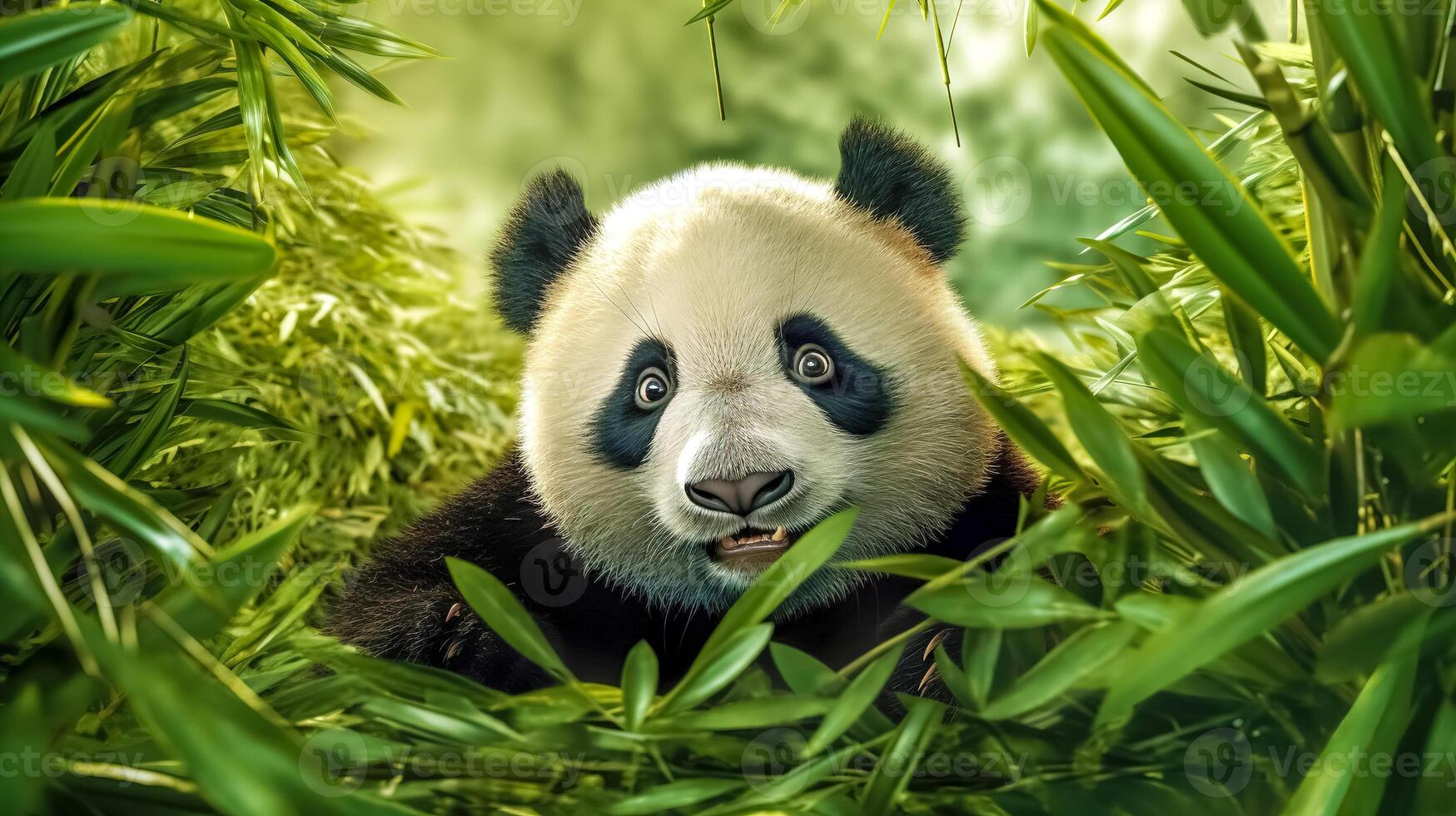 panda in bamboo forest in nature, banner made with photo