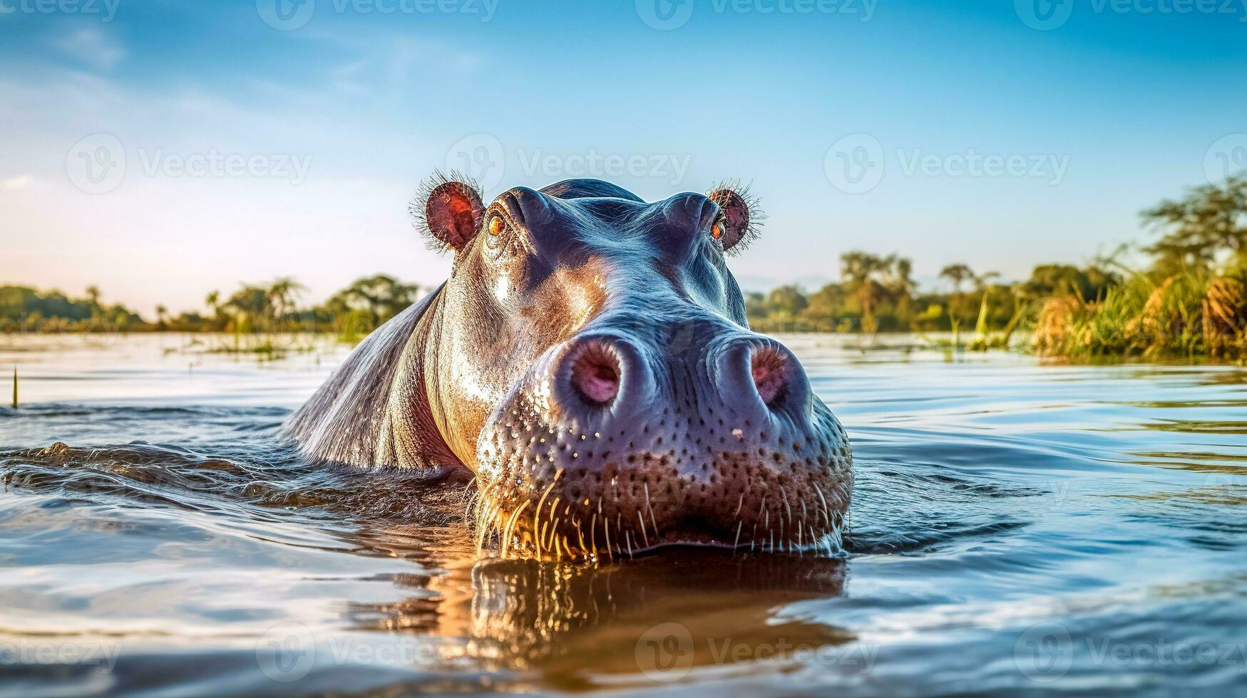 portrait of hippopotamus in water in nature, made with Generative AI photo