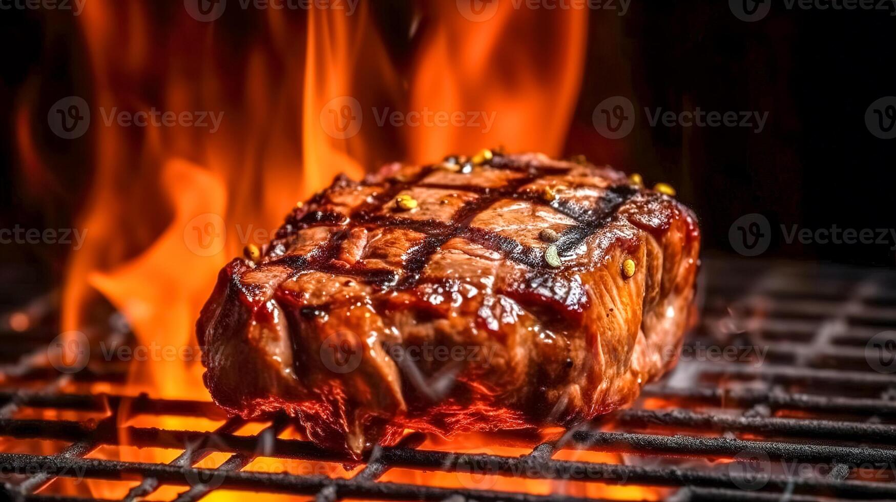 cocinando, carne de vaca filete en el fuego de un caliente parrilla, parilla fiesta, hecho con generativo ai foto