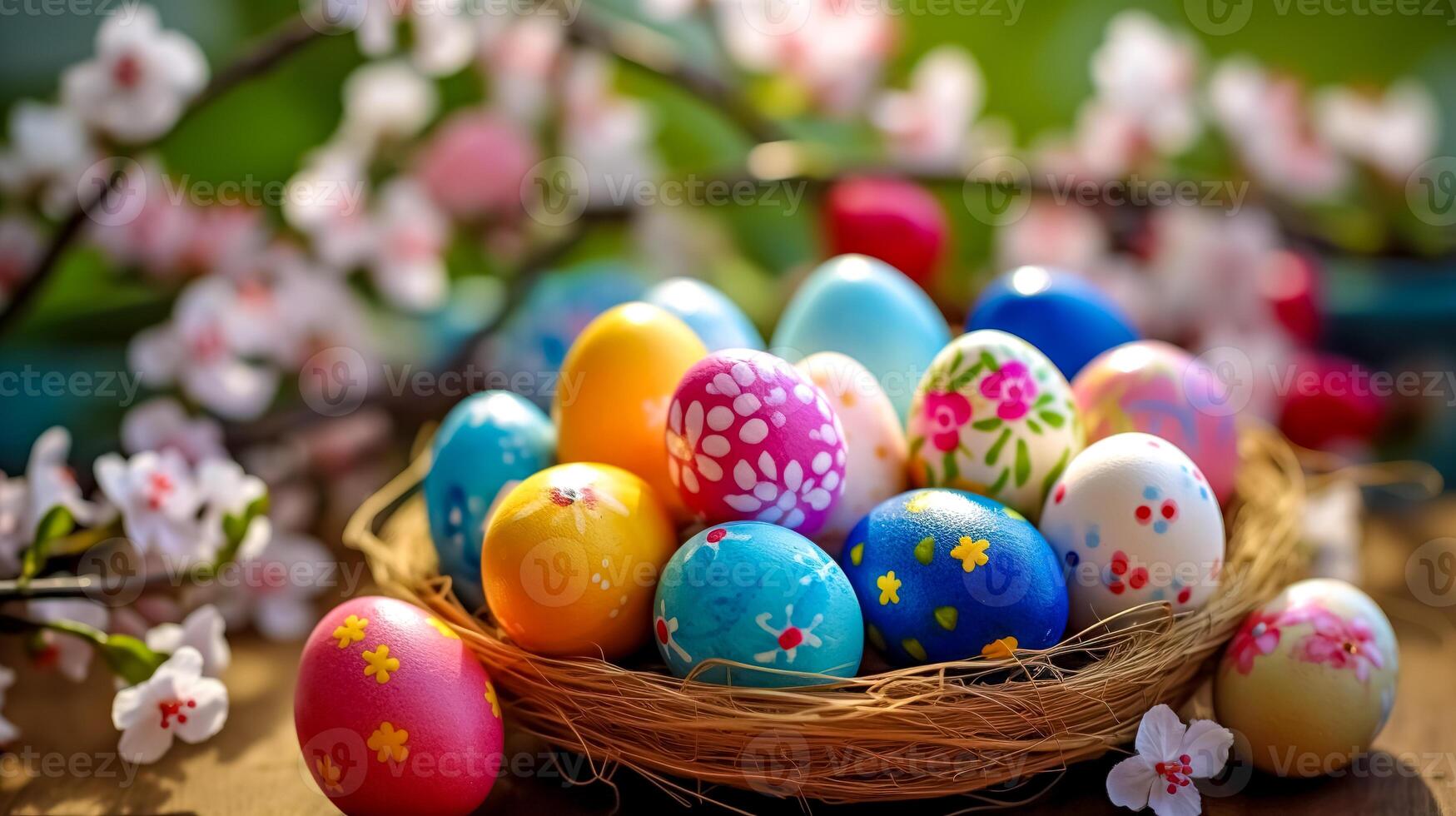 colored Easter eggs in a basket, celebration of religious holidays, made with Generative AI photo