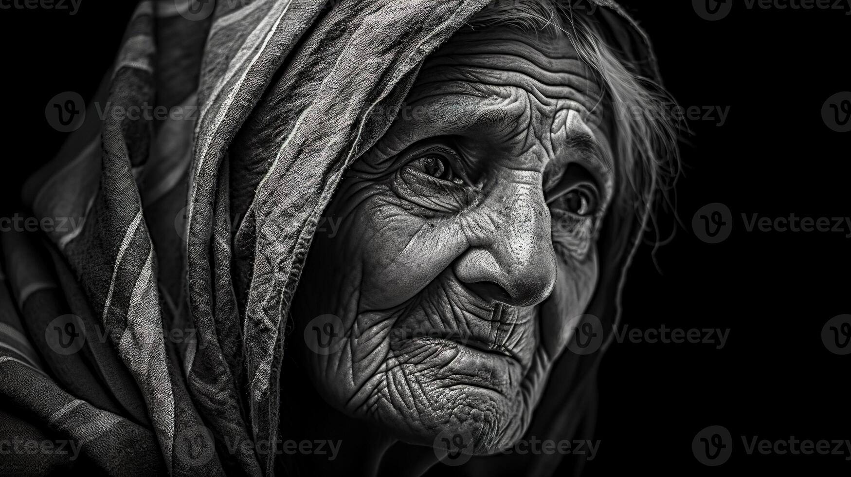 the concept of old people, a portrait of a grandmother with a wrinkled face, monochrome made with photo