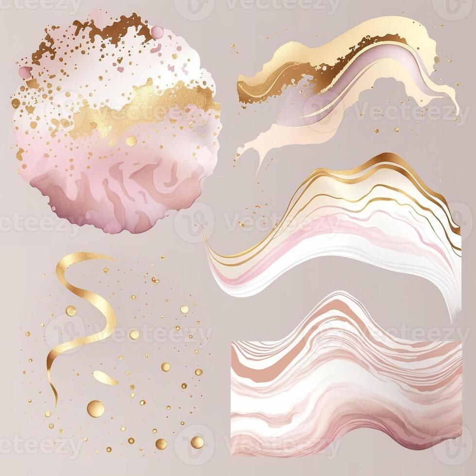 watercolor stains, splashes, blots, waves in soft pink with gold veins. photo