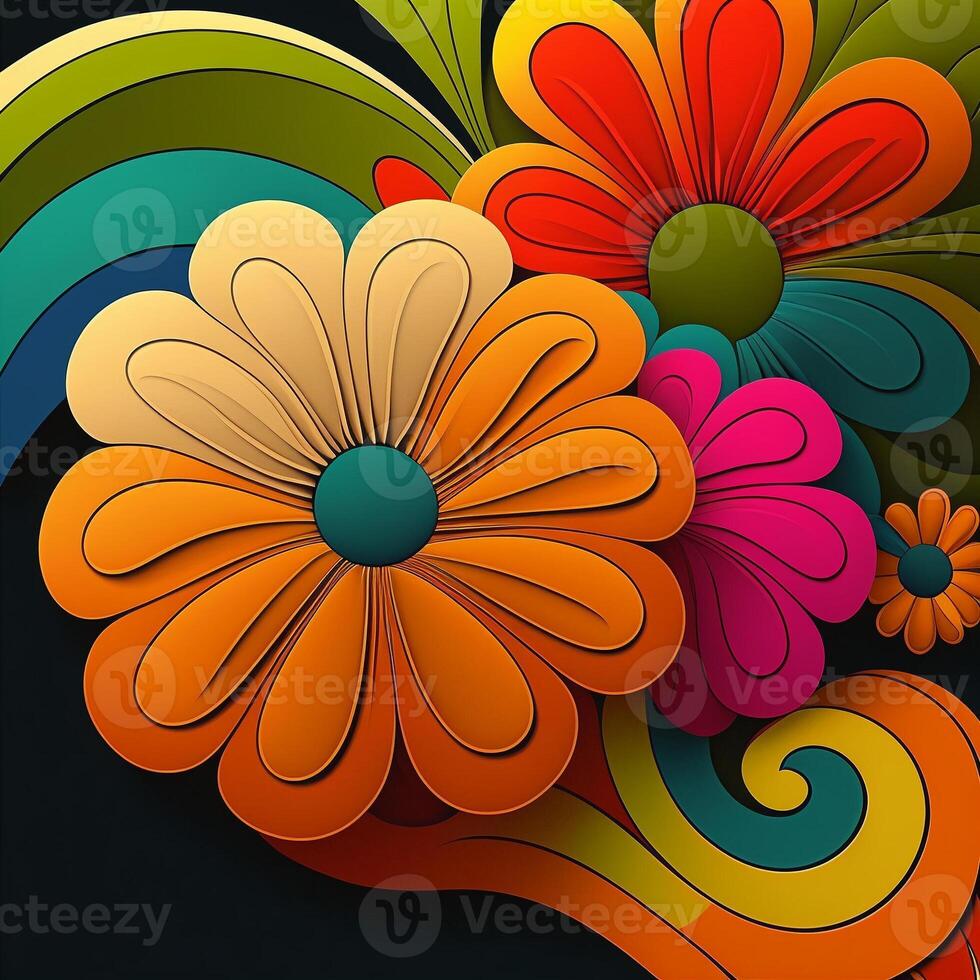 background with 1970s style grooves with colorful bright flowers. photo