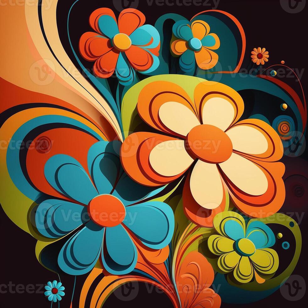 background with 1970s style grooves with colorful bright flowers. photo