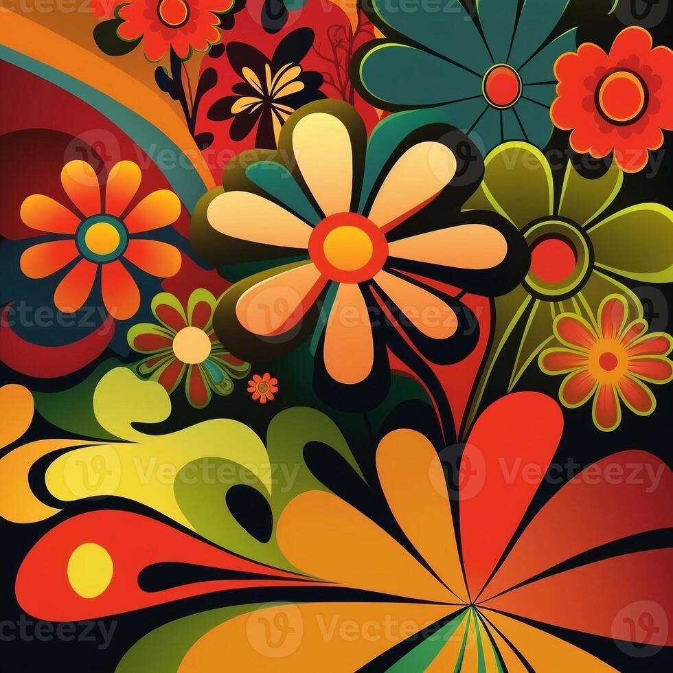 background with 1970s style grooves with colorful bright flowers. photo