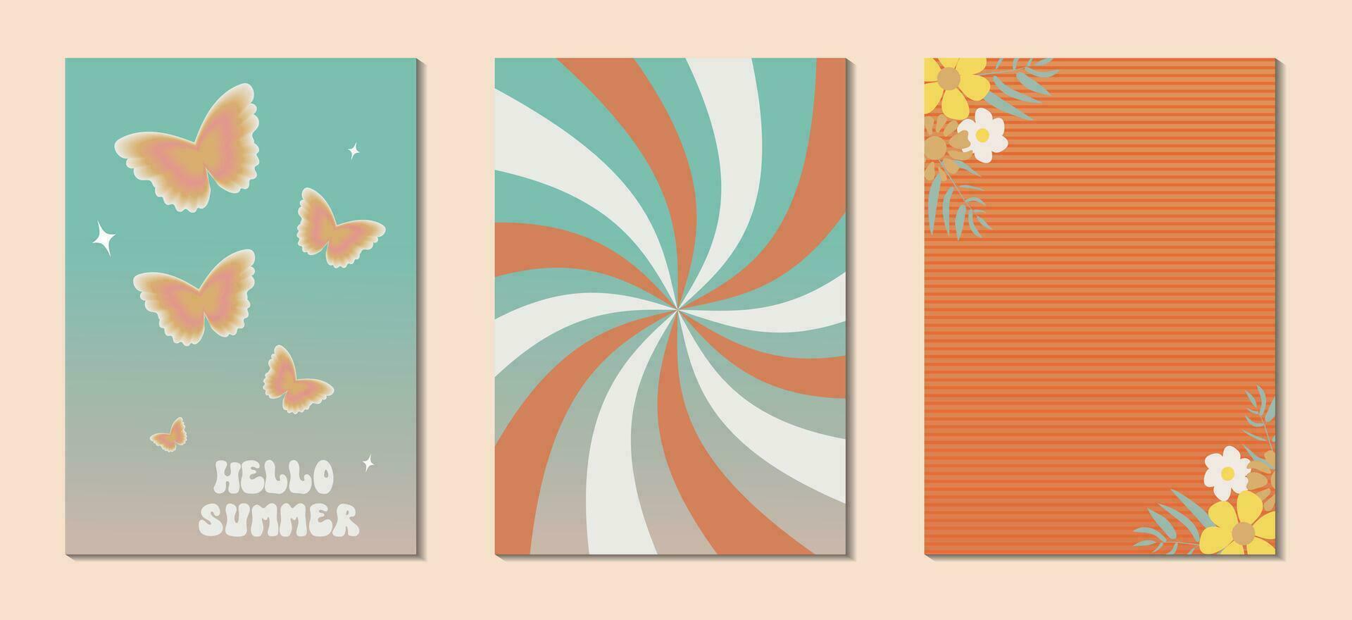Groovy 70s backgrounds . Hippie Aesthetic. Posters in the style of 70s retro groovy with lettering, butterflies, sun , palms, texture etc.. Vector illustration