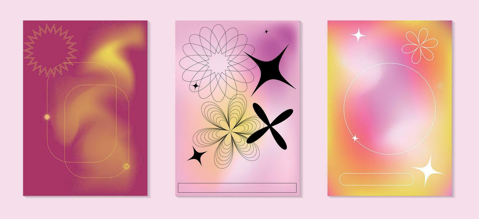 Set of three posters in a 2000s psychedelic style in bright colors with shapeless elements, star flowers, gradients. Vector illustration