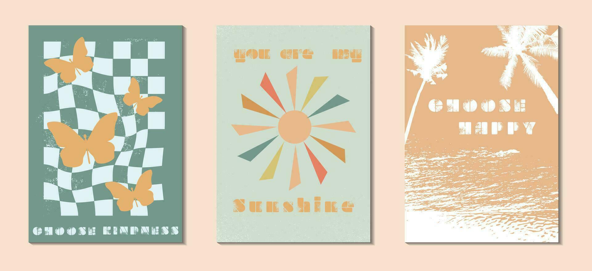 Groovy 70s backgrounds . Hippie Aesthetic. Posters in the style of 70s retro groovy with lettering, butterflies, sun , palms, texture etc.. Vector illustration