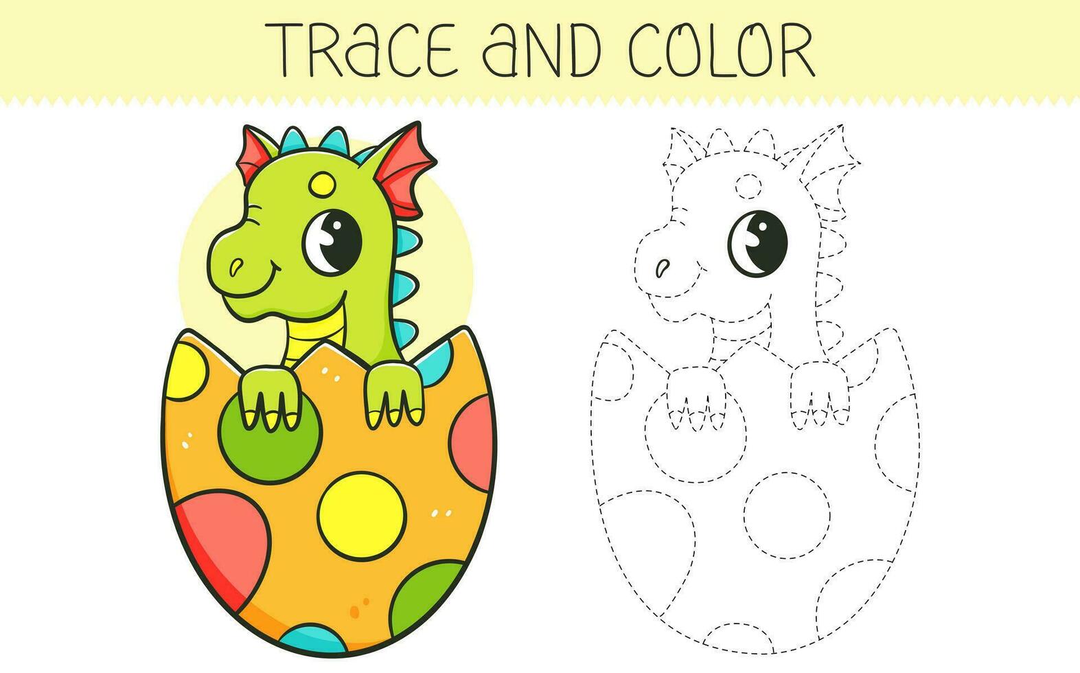 Trace and color coloring book with cute dragon in the egg for kids. Coloring page with cartoon dragon. Vector illustration