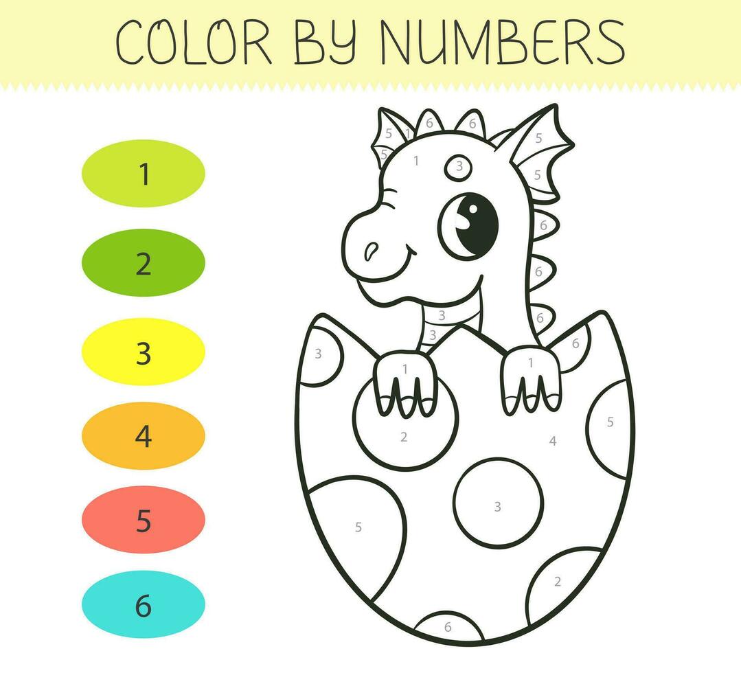 Color by numbers coloring book for kids with cute dragon in the egg. Coloring page with cartoon dragon. Monochrome black and white. Vector illustration