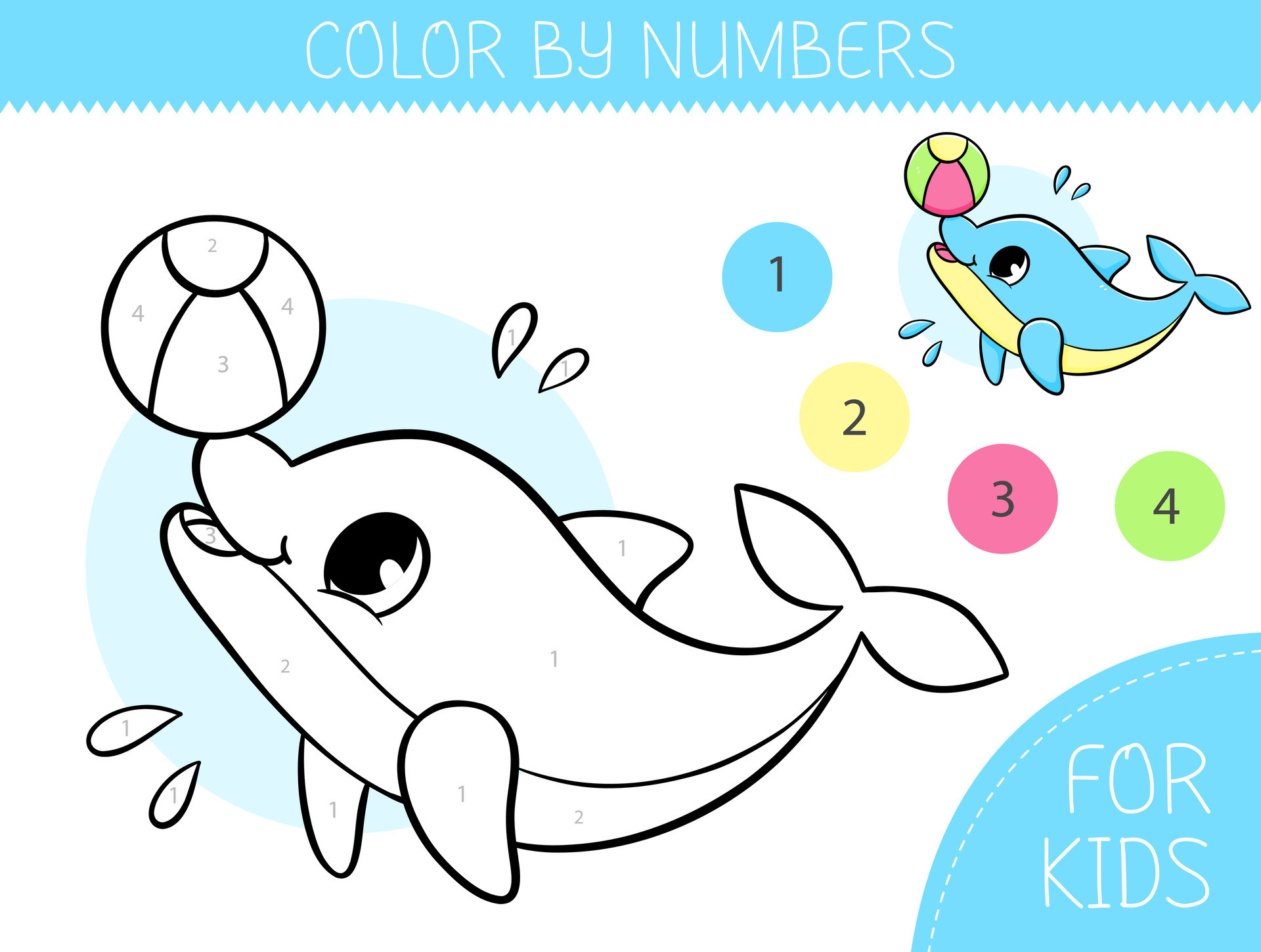 Color By Numbers Coloring Page For Kids With Cute Dolphin With Ball color-by-numbers-coloring-page-for-kids-with-cute-dolphin-with-ball