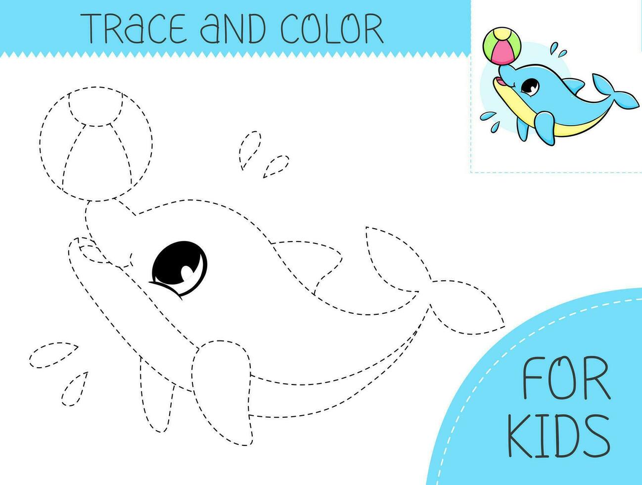 Trace and color coloring book with cute dolphin with ball for kids. Coloring page with cartoon dolphin. Vector illustration for kids
