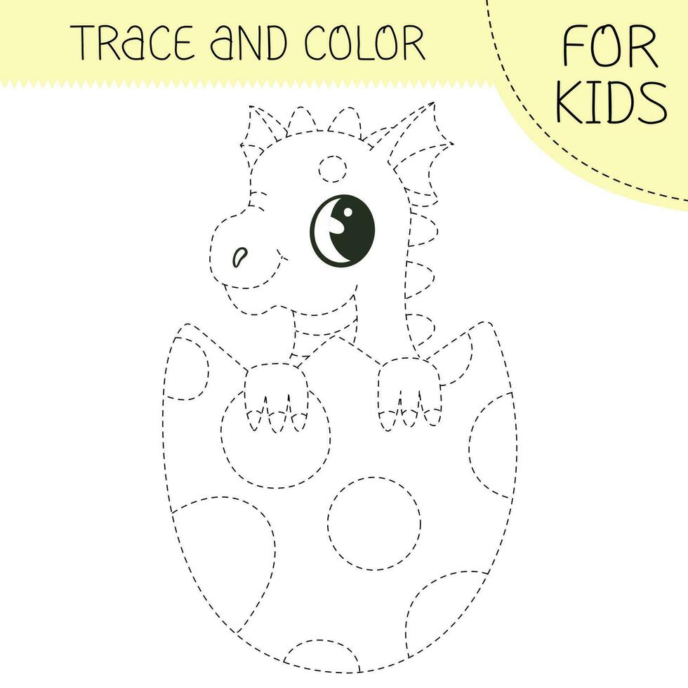 Trace and color coloring book with dragon in the egg for kids. Coloring page with cute cartoon dragon. Vector square illustration