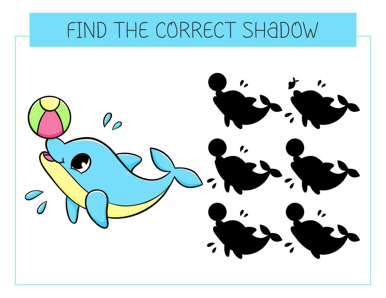 Find the correct shadow game with dolphin with ball. Educational game for children. Cute cartoon dolphin. Shadow matching game. Vector illustration.