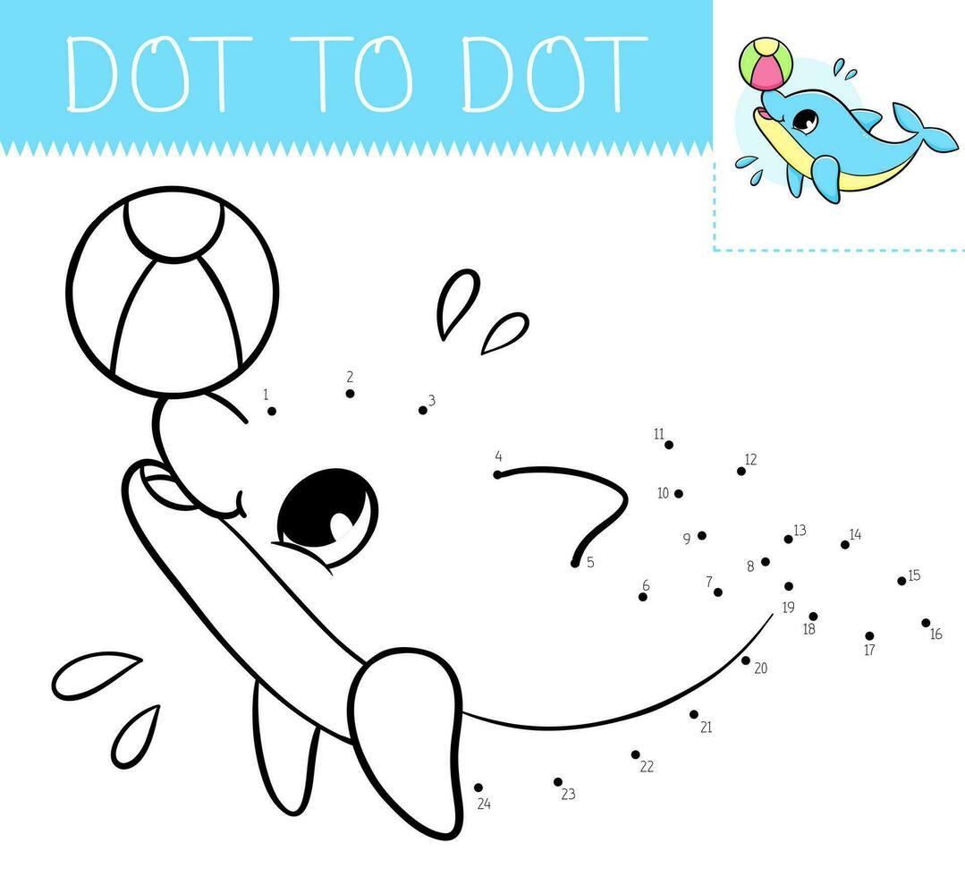 Dot to dot game coloring book with dolphin with ball for kids. Coloring page with cute cartoon dolphin. Connect the dots vector illustration