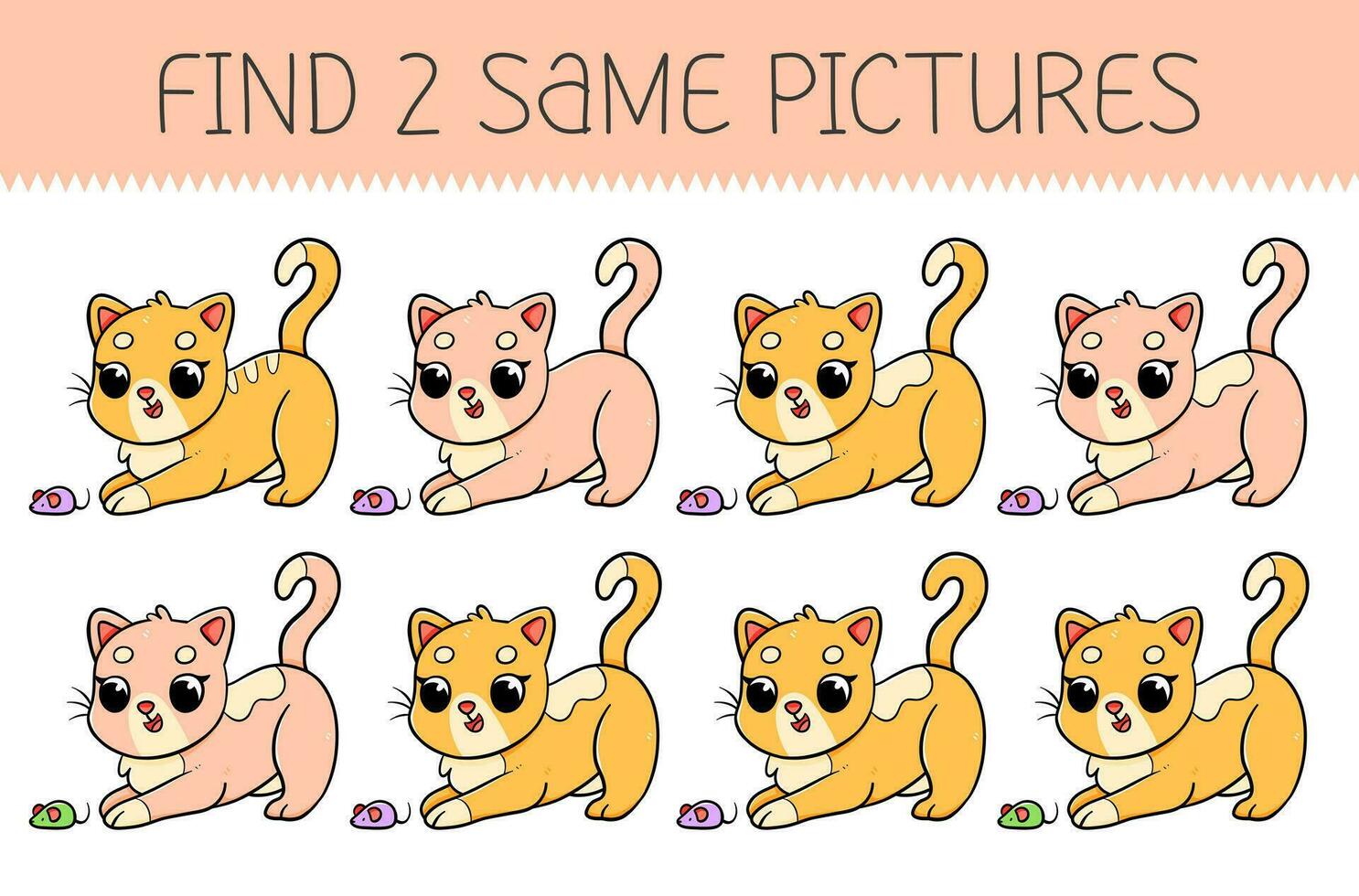 Find two same pictures is an educational game for kids with cute cat. Cute cartoon kitten. Vector illustration.