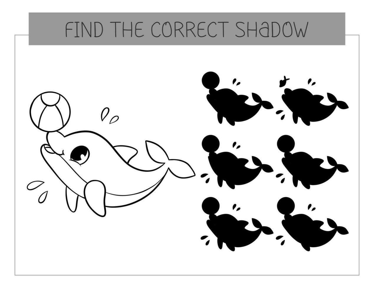 Find the correct shadow coloring book with dolphin with ball. Coloring page educational game for kids. Cute cartoon dolphin. Shadow matching game. Vector illustration