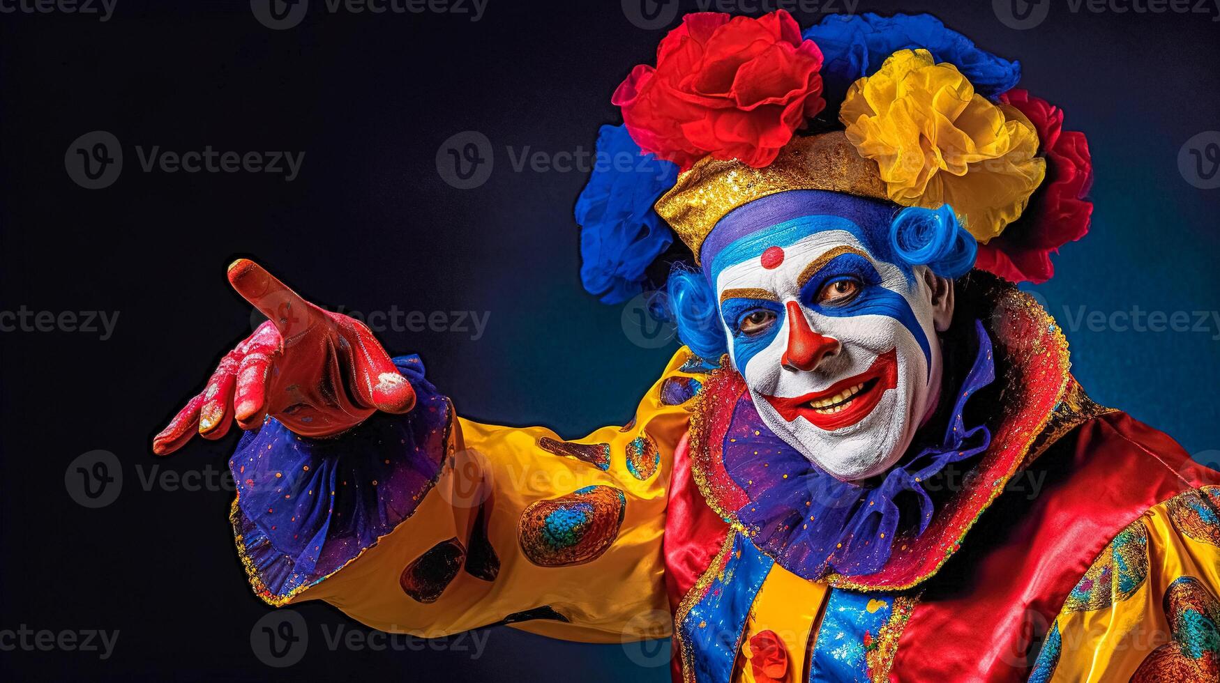 laughing comedian in colorful clothes, theatrical entertainment for children and adults, made with photo