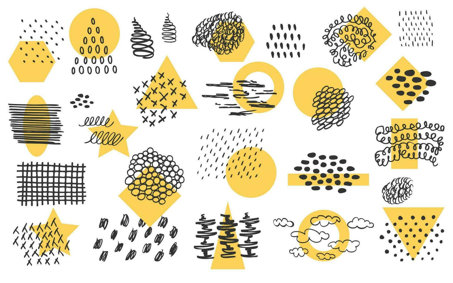 Modern abstract collection Collage minimal design set in trendy pop art style. Hand drawn black ink skrubble with simple geometric yellow forms Star, square, circle, ring, triangle Vector illustration
