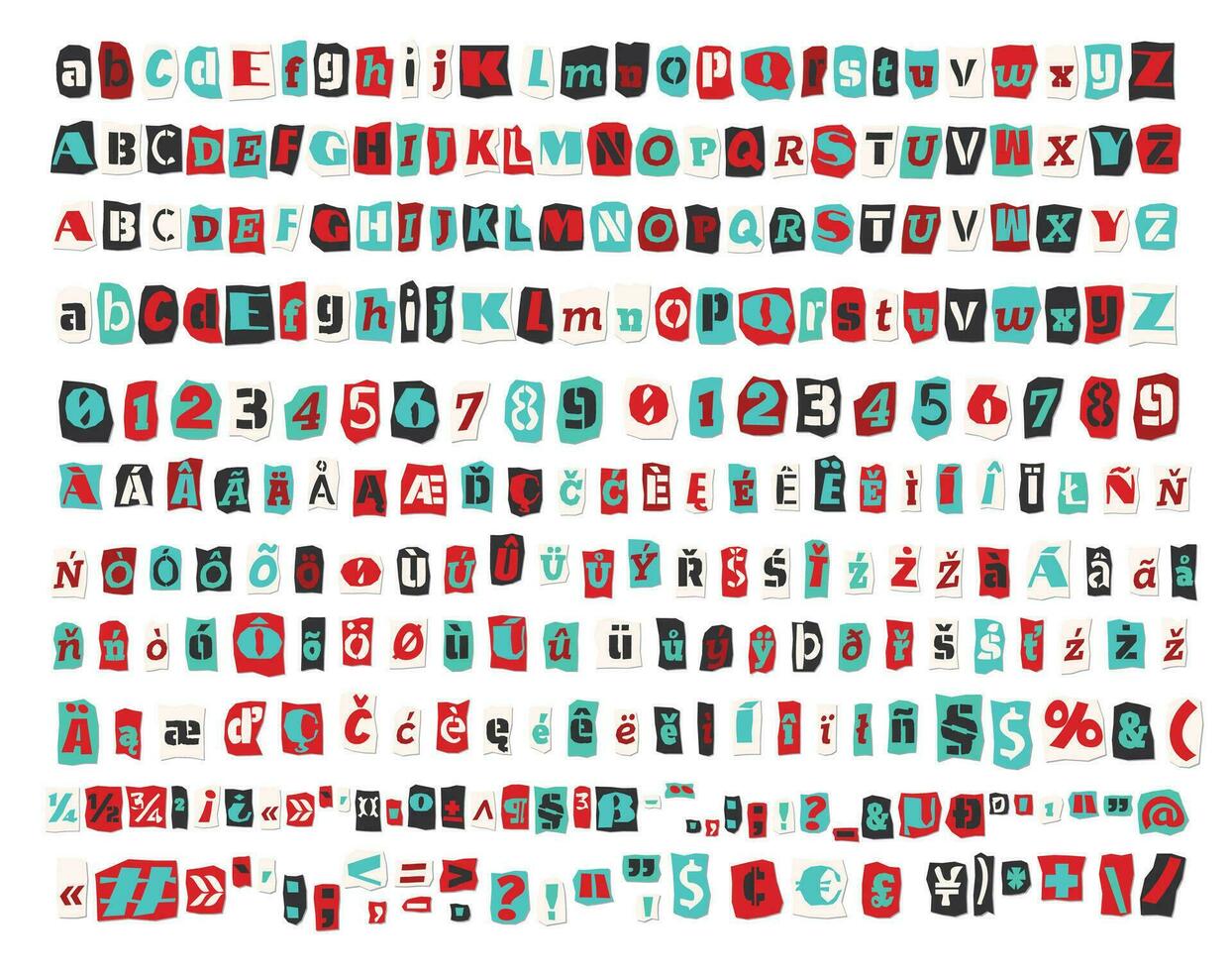 color rescate collage estilo letras, números cortar desde periódicos y revistas Clásico a B C recopilación. rojo, blanco, negro y azur punk tipo de letra extendido latín alfabeto tipografía vector ilustración
