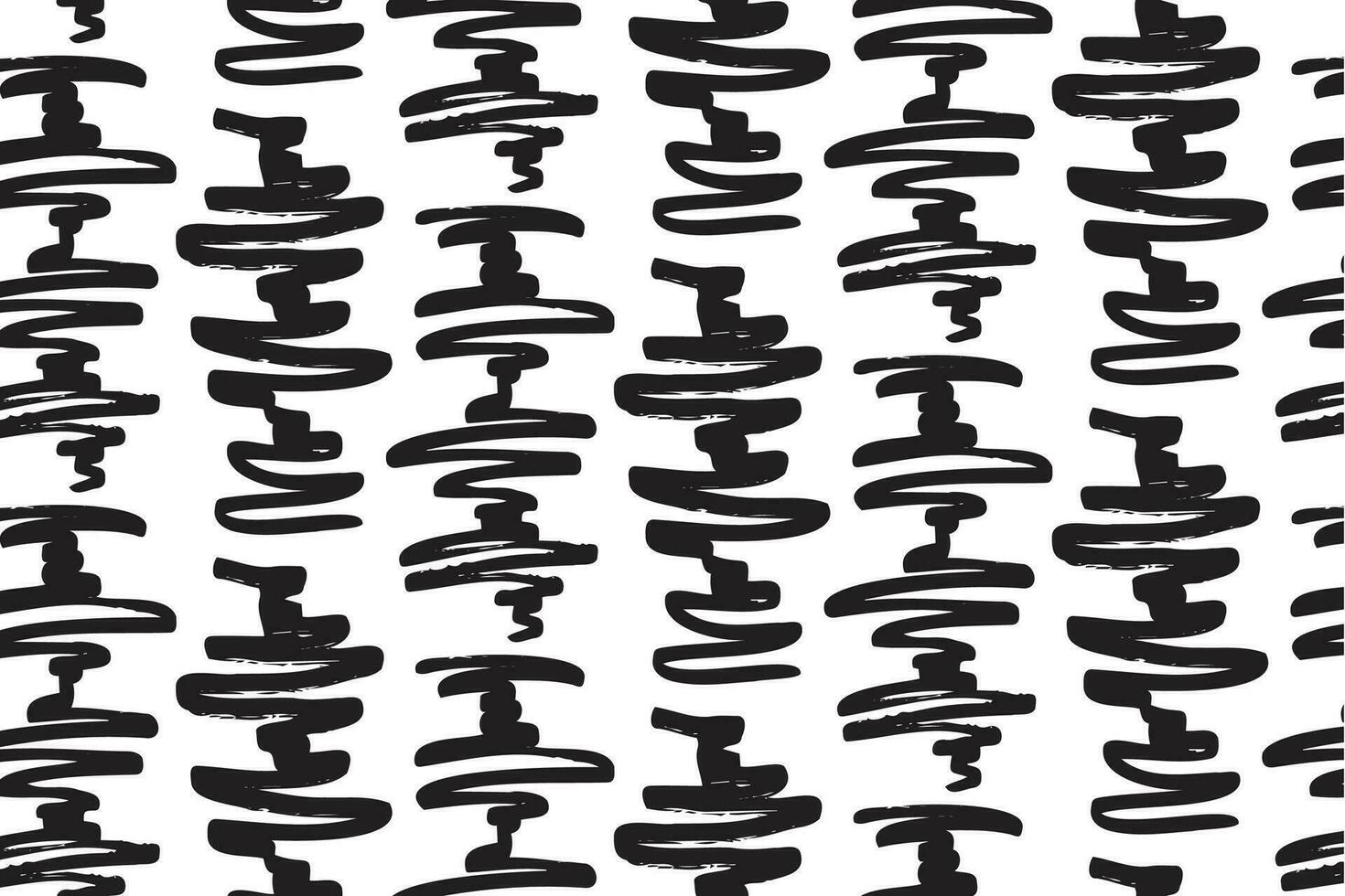 Wavy doodle seamless pattern. Bold ink lines ornament. Hand drawn black rough brush drawing. Smears scribbles grunge style wrapping paper. Vintage textiles fabric 1960 s Vector illustrations