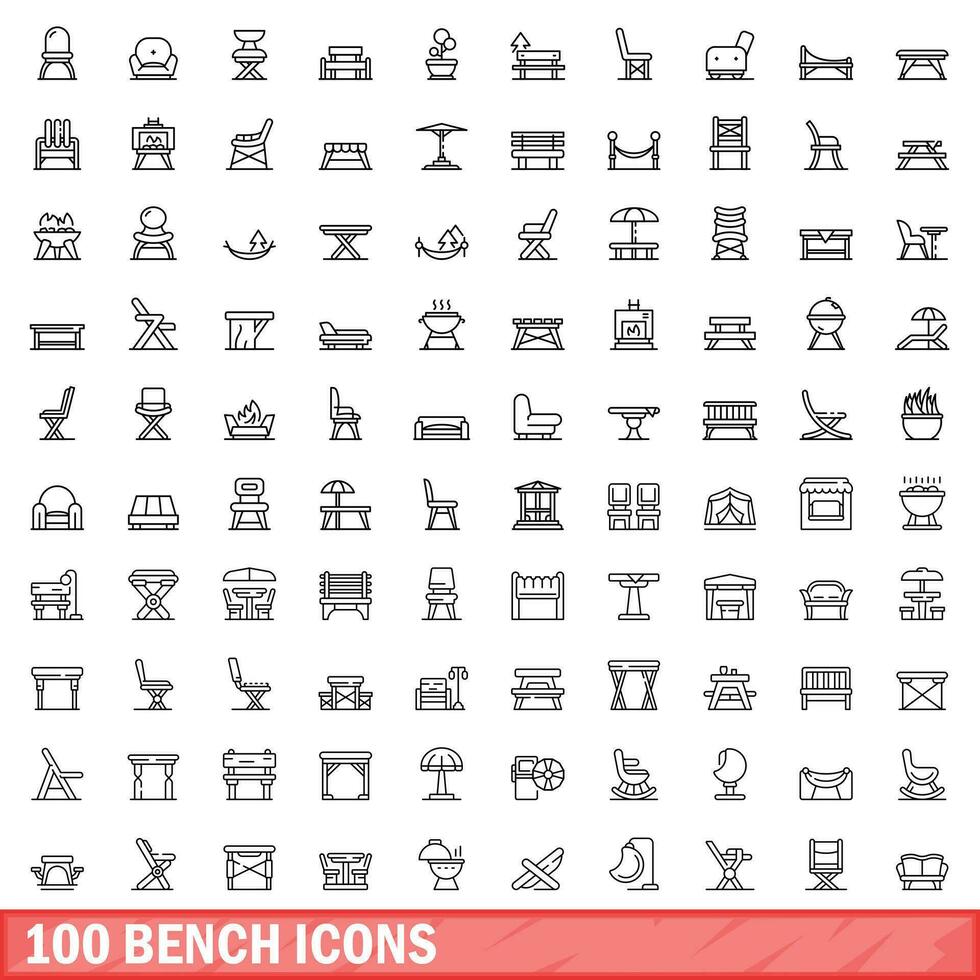 100 bench icons set, outline style vector
