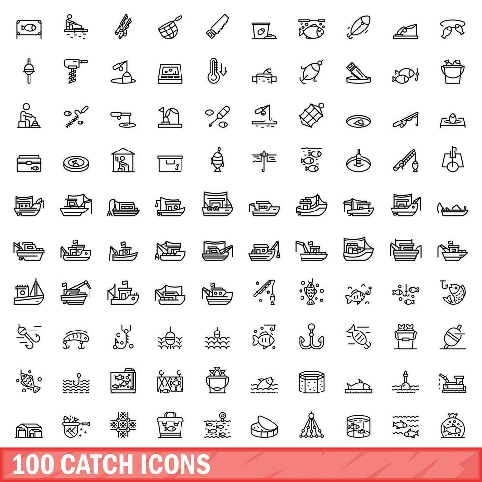 100 catch icons set, outline style vector