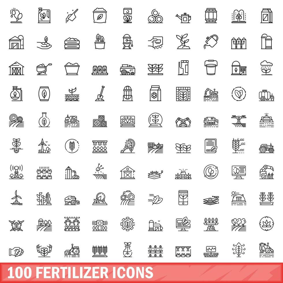 100 fertilizante íconos colocar, contorno estilo vector